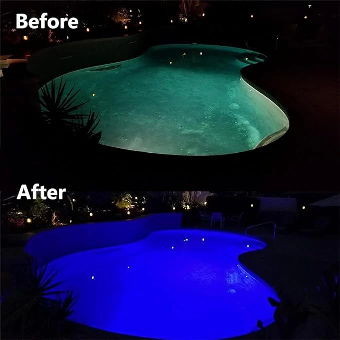 Before and after photos of LED light replacement in a swimming pool