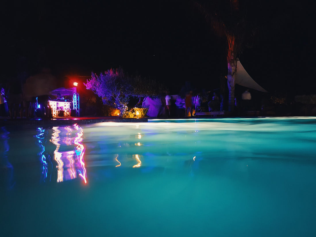 Wide shot of pool lit at night