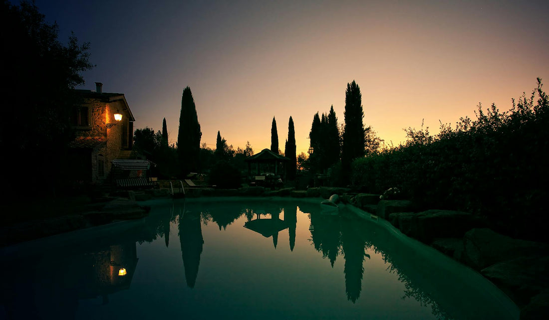 An unlit backyard pool at sunset with trees in background