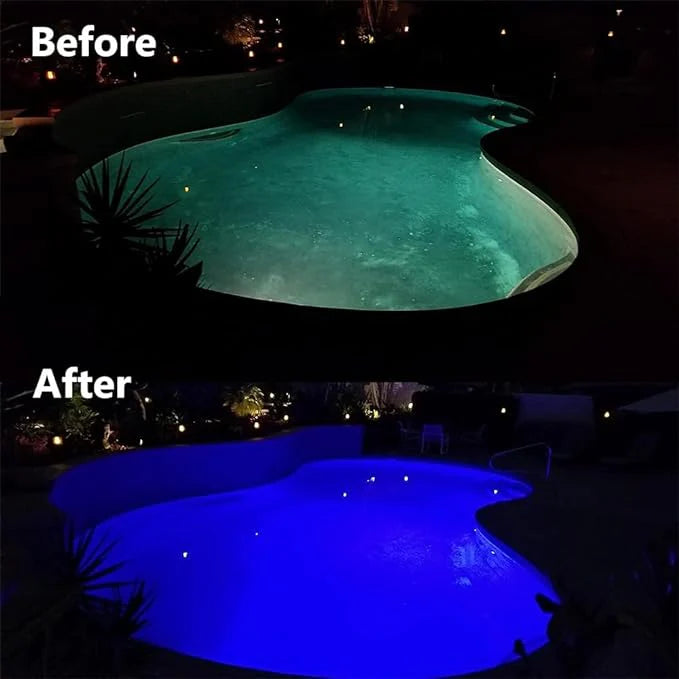 Before and after installation of LED pool light with remote control
