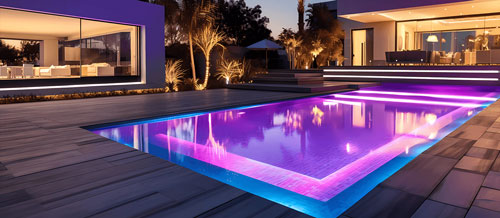 Pool at dusk lit up with LED lights