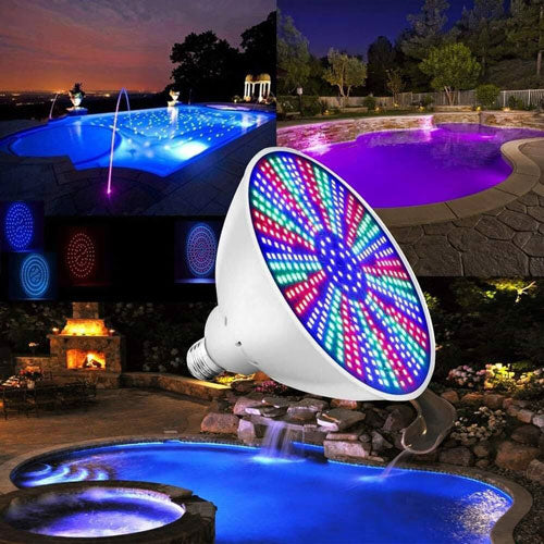 LED pool light shown on top of multiple pool images.